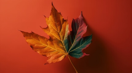 Wall Mural - Autumn minimal art dream. Fall maple leaf on a colored minimal background. Generative Ai