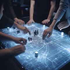 Canvas Print - Scientists and developers gathered around an illuminated conference table in the Technology Research Center, conversing, solving problems, and analyzing industrial engine design. generative ai