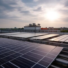 Canvas Print - Photovoltaic solar panels on a factory roof collect sunlight as a source of energy to generate electricity, resulting in sustainable energy. generative ai