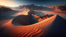 Beautiful Generative AI Illustration Epic Landscape Of Expansive Desert With Rolling Sand Dunes During Golden Hour Sunrise