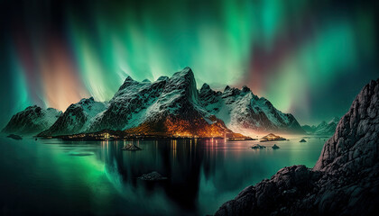 Wall Mural - Stunning generative AI illustration epic landscape of Northern Lights Aurora Borealis over mountain lake and snowcapped peaks