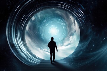 person standing next to time travel portal. generative ai