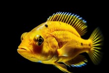An Aquarium's Detailed Photo Of A Yellow Cichlid Fish. Generative AI