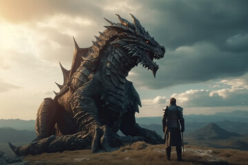 Man stands in front of huge dragon. Legend of battle between brave warrior and monster. Fantasy game world. Created with Generative AI