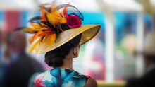 Woman In Beautiful Hat At Ascot Racecourse, Attending Horse Racing From Behind
