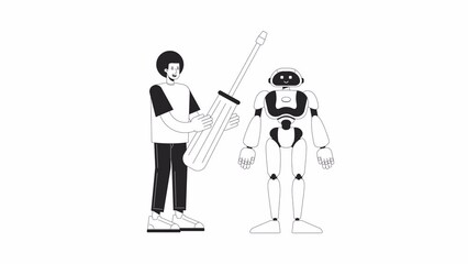 Wall Mural - robotics engineering bw animation. animated robot, mechanical engineer with tool 2d flat monochromat