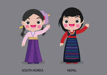 Wall Mural - South Korea peopel in national dress. Set of Nepal woman dressed in national clothes. Vector flat illustration.
