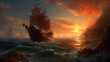 Massive pirate ship in the ocean with orange sunset over the sea - Generative AI