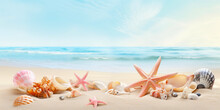 Starfish And Seashells On Seashore - Beach Holiday Background. Generative AI.
