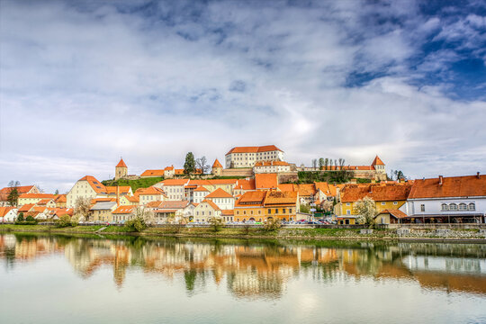 panorama cityscape view at ptuj and the river drava in april, early spring. ptuj is the oldest town 