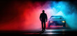 silhouette of a man walking towards the car in the backlight of a multi-colored fog Dramatic frame. Generative AI
