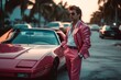 Retro wave vice Miami fashioned man near retro sport car. Sunset scene in Miami of 80's. Synth wave. Outrun Nostalgia Fashion Look Book. Generative ai.