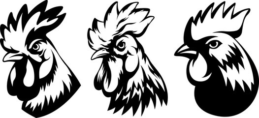 Wall Mural - Head of rooster set. Cock abstract character illustration. Graphic logo designs template for emblem. Image of portrait for company use.