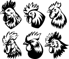 Wall Mural - Head of rooster set. Cock abstract character illustration. Graphic logo designs template for emblem. Image of portrait for company use.