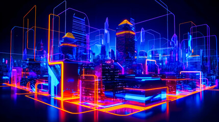 Sticker - Neon cityscape with buildings and skyscrapers in the middle of it. Generative AI.