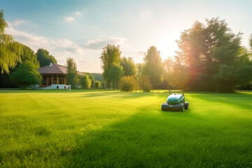 Automatic robot lawn mower on a green lawn with summer landscape and house background. High quality generative ai