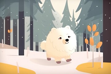 Poster - cute white dog enjoying a winter walk in the snow. Generative AI