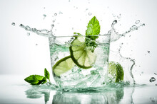 Water Splashing With Fresh Lime Slices, Mint Leaves As A Concept For Summertime Libations. White High Key Background. High Quality Generative Ai