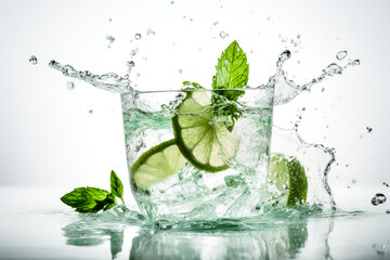 Water splashing with fresh lime slices, mint leaves as a concept for summertime libations. White high key background. High quality generative ai