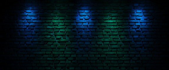 Black brick wall with green and blue neon light. 3d rendering