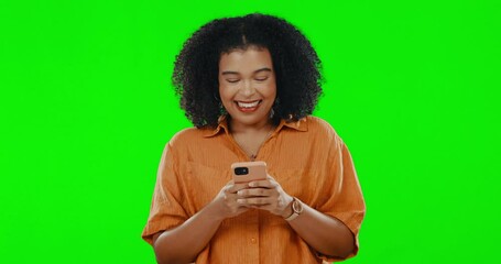 Sticker - Green screen, funny and woman with a smartphone, typing and happiness against a studio background. Female, joke and person with a cellphone, mobile app and laughing with connection and social media