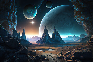 a landscape with rocks and planets in the background, space landscape