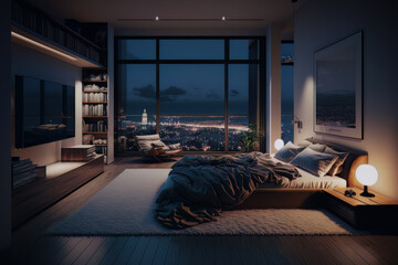 Luxurious penthouse bedroom at night. Generative Ai