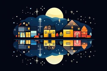 Wall Mural - serene night with glowing houses and a full moon. Generative AI