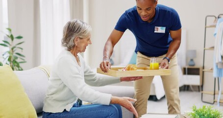 Wall Mural - Breakfast, assisted living and retirement with a mature woman on a sofa in the living room of her home. Morning, food and a nurse black man serving a meal to an elderly patient in a care facility