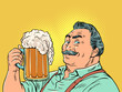 Excellent alcohol. Quality beer with lots of foam. A man with a mustache is holding a glass of beer. Pop Art Retro
