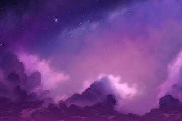 Wall Mural - View on a evening purple sky with cirrus clouds and stars (background, abstract). Generative AI