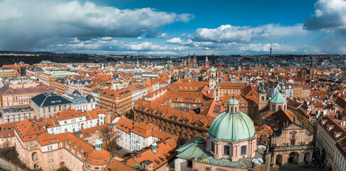 Wall Mural - Scenic spring panoramic aerial view of the Old Town pier architecture and Charles Bridge over Vltava river in Prague, Czech Republic