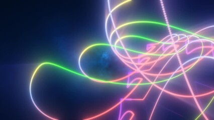 Wall Mural - Abstract multi-colored rainbow glowing neon energy laser lines flying on a black background, video 4k, 60 fps