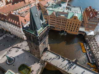 Wall Mural - Scenic spring panoramic aerial view of the Old Town pier architecture and Charles Bridge over Vltava river in Prague, Czech Republic