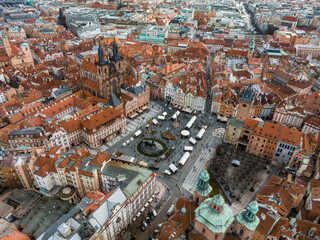 Wall Mural - Panoramic aerial view of old Town square in Prague on a beautiful summer day, Czech Republic. Church of our Lady before Tyn and Prague Astronomical Clock Tower