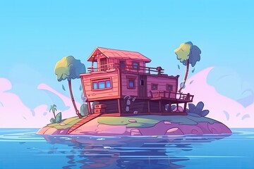 Poster - solitary house on a beautiful island surrounded by the vast ocean. Generative AI