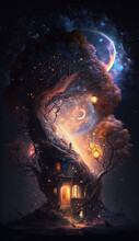 AI Generated Vertical Poster Of A Magical Epic Tree Inside Which There Is Warm Fairytale Home, In A Cosmos Nebula. Space Art Illustration With A Fabulous Starry Sky In A Mythical Fairy Tale Night	
