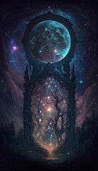 Wall Mural - ai illustration of a fable scenery, magic huge tall passage and moon in a magical night sky. a mysti