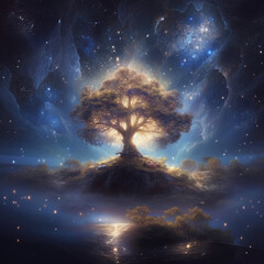 Wall Mural - ai generated poster of a magical epic oak tree in a mystical cosmos nebula. space art illustration w