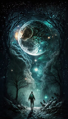 AI-Generated vertical poster of a boy standing in front of a magical hidden epic opening in the trees on a fabulous moon. Astral cosmos, starry nebula. fantasy art in a mythical dream fairytale night.