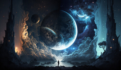 Wall Mural - ai generative art with cosmos nebula, intricate planet, a space explorer in a starry night, huge sat