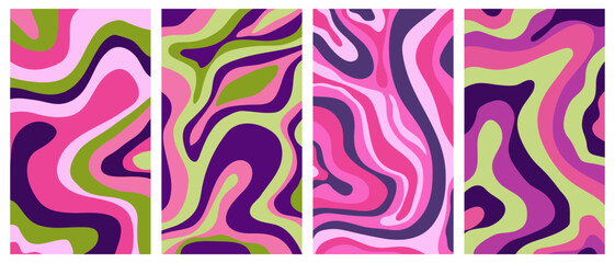 Wall Mural - Set of groowy hippie posters in 60s,70s style. Trendy abstract vertical retro backgrounds with waves.Twisted and distorted vector texture in trendy retro psychedelic style.