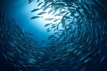 school of fish swimming under water of sea. school sardinella fish swims in underwater. ai generated