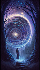 Wall Mural - AI generated illustration of an elf that is standing in between two trees with swirl spirals in the starry cosmic night, poster of space fantasy fiction art. A galactic esoteric swirling dreamcatcher