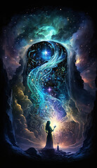 Wall Mural - ai illustration of a fable scenery, magic huge tall light, spiral nebula, magical night sky. mystica