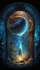 AI illustration of a fable scenery, magic huge tall entry with arch, columns and moon in a magical night sky. A wizard in a fantasy gothic tale. Vertical poster with fairytale night for display 