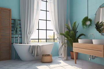 bathrooms decorated in the newest tropical motif. The white tile walls, marble floor, and oak sink counter are illuminated by light from the windows. Generative AI