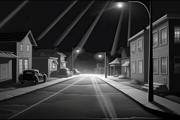 Canvas Print - dark and moody urban street scene at night captured in black and white. Generative AI