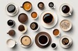 © Lasvu - Coffee cup assortment on a flay lay on a white backdrop. Generative AI