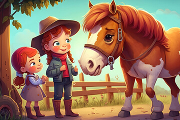 Two little girls have fun with their horse, cartoon illustration generative AI